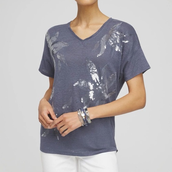 NWT Chicos Linen Sequin Tee Womens Slate Blue Knit Top Drop Shoulder Size 1 US M - Picture 1 of 6